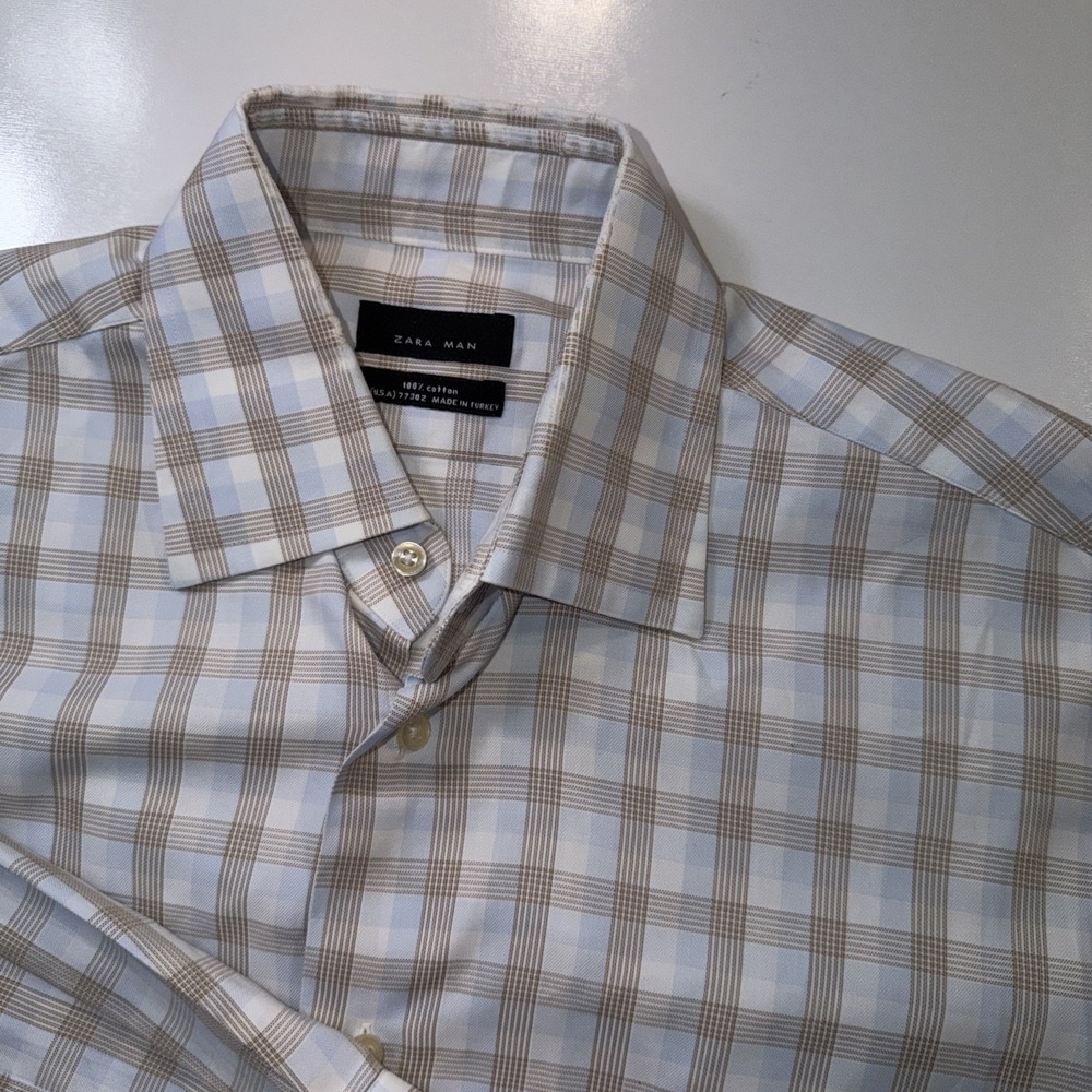 Zara Man Mens Blue Tan Plaid Cotton Long Sleeve Button Down Shirt Size 16 L